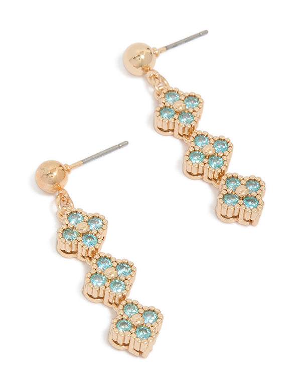 Showcasing these gold cubic zirconia blue flower drop earrings with turquoise stones front view