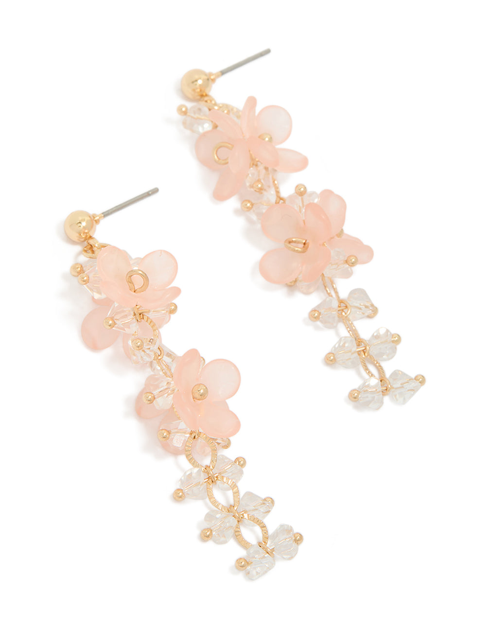 Showcasing statement drop earrings with pink acrylic flowers and beads front view