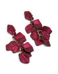 Showcasing burgundy coated metal petal drop earrings statement design in maroon and gold front view - link has visual effect only