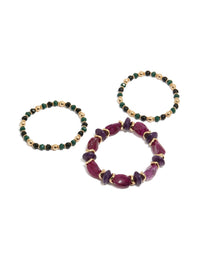 Discover mixed beaded and balls stretch bracelets in a 3-pack featuring chunky style with dark magenta, gold, green, and black beads front view - link has visual effect only