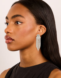 Discover silver diamante cupchain ghost drop earrings with tassel in statement style on model view - link has visual effect only