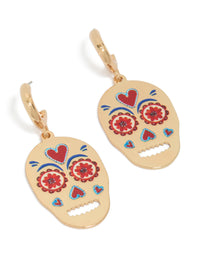 Discover these gold fun skull drop earrings with floral and heart accents front view - link has visual effect only