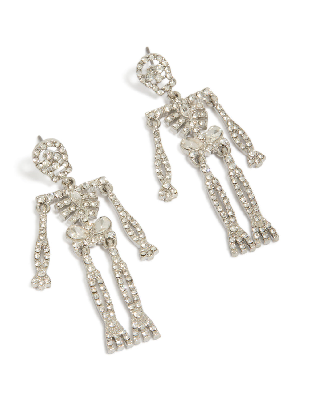 Displaying statement drop earrings with glam skeleton design in diamante embellished silver front view