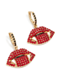 Showcasing gold vampire kiss earrings featuring charm design with red and black embellishments front view - link has visual effect only