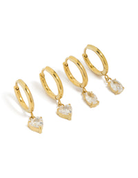 Showcasing waterproof huggie drop earrings in a 2-pack, crafted from gold plated stainless steel with heart features, cubic zirconia accents in clear front view - link has visual effect only