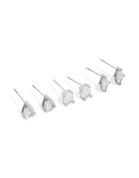Showcasing waterproof stainless steel classic stud earrings 3-pack with oval, marquise, and pear cut cubic zirconia in silver and clear front view - link has visual effect only
