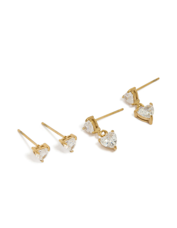 Introducing waterproof heart-shaped stud and drop earrings featuring gold plated stainless steel with cubic zirconia stones in a statement 2-pack front view