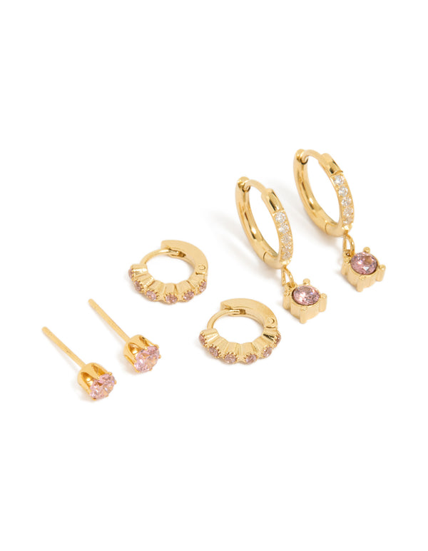 Discover waterproof gold plated stainless steel pink cubic zirconia mixed earrings in a 3-pack featuring huggie and stud closures front view