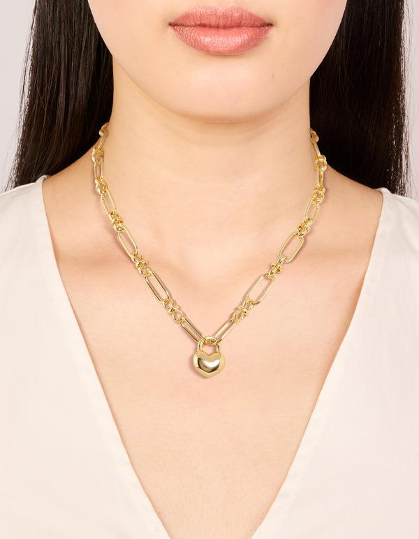 Featuring a waterproof gold plated stainless steel chunky bubble heart statement necklace on neck view