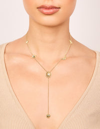 Elegant waterproof celestial pendant Y-necklace in gold plated stainless steel on neck view - link has visual effect only