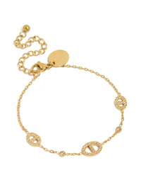 Beautifully crafted waterproof gold plated stainless steel cubic zirconia oval station bracelet front view - link has visual effect only