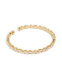 Beautifully designed waterproof wrist cuff with marquise and round cubic zirconia in gold plated stainless steel front view - link has visual effect only