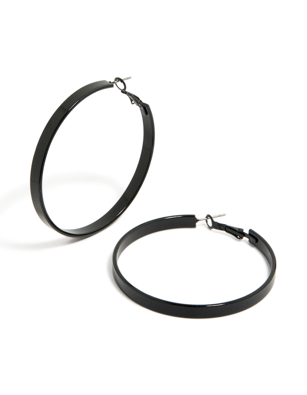 Showcasing black textured hoop earrings in statement style front view