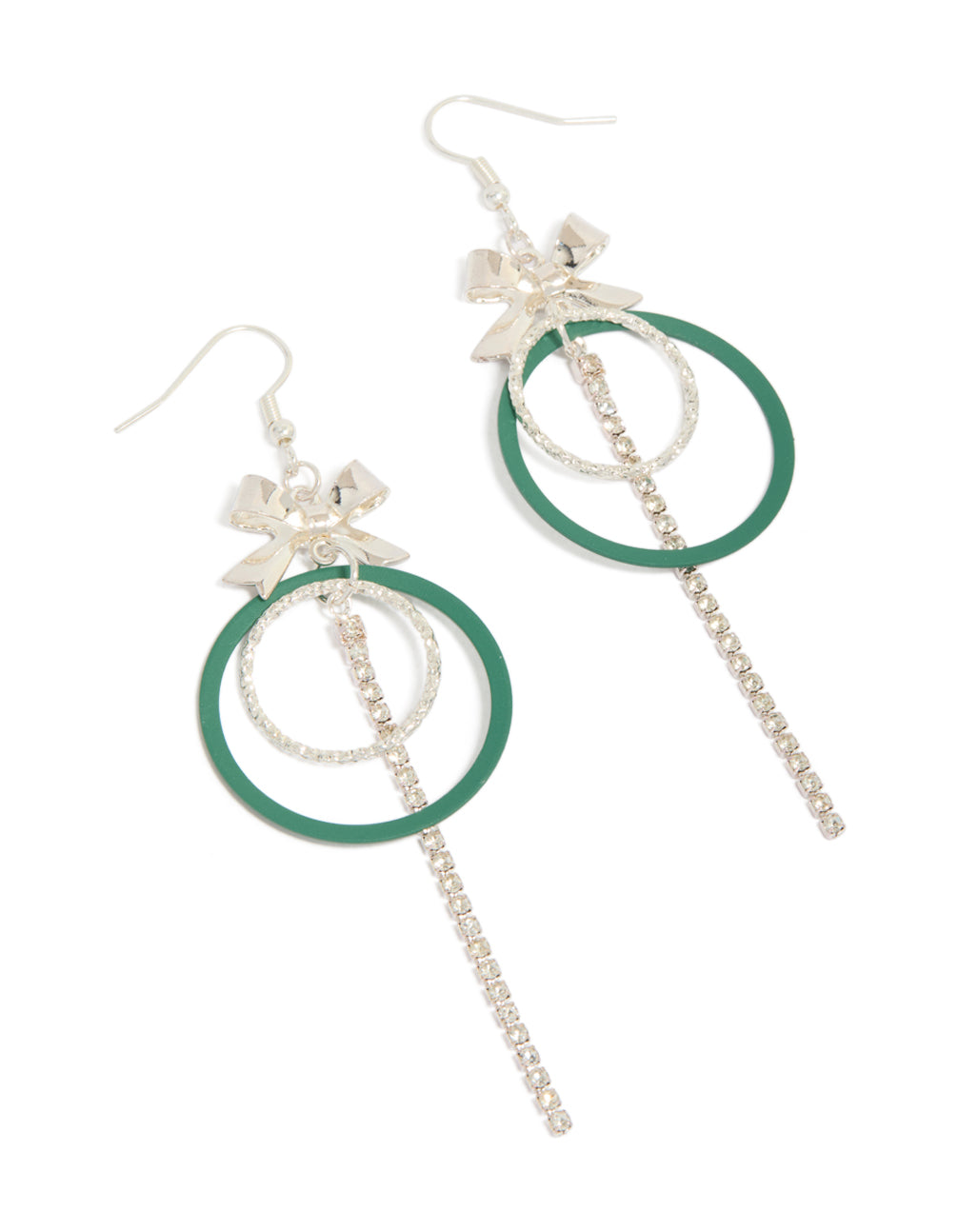 Showcasing statement drop earrings with bow, sea green circle, and diamante cupchain in silver front view