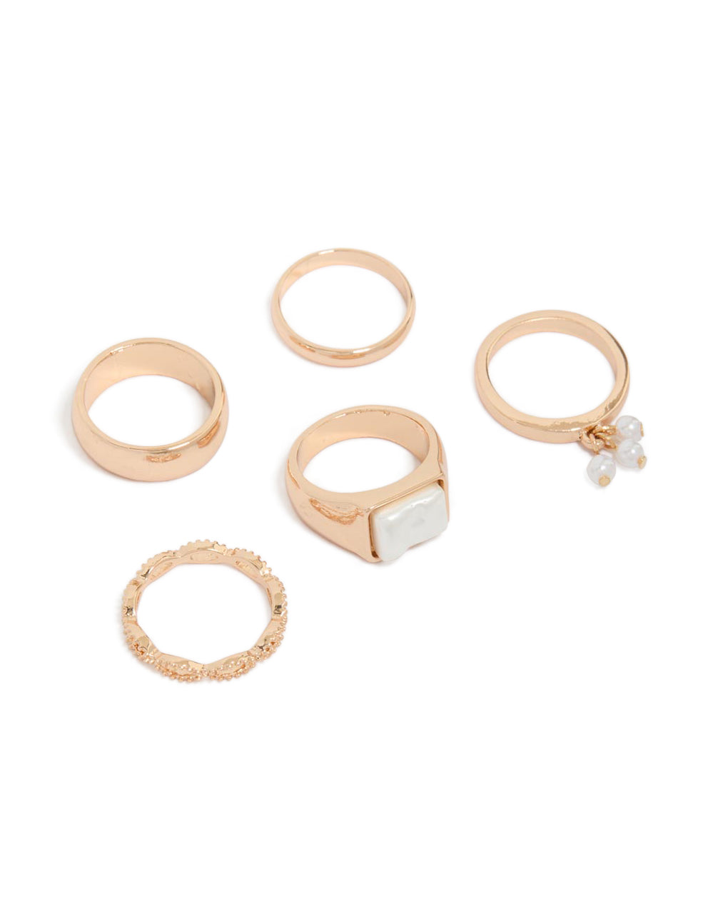 Presenting a gold pearl signet rings 5-pack featuring statement design front view