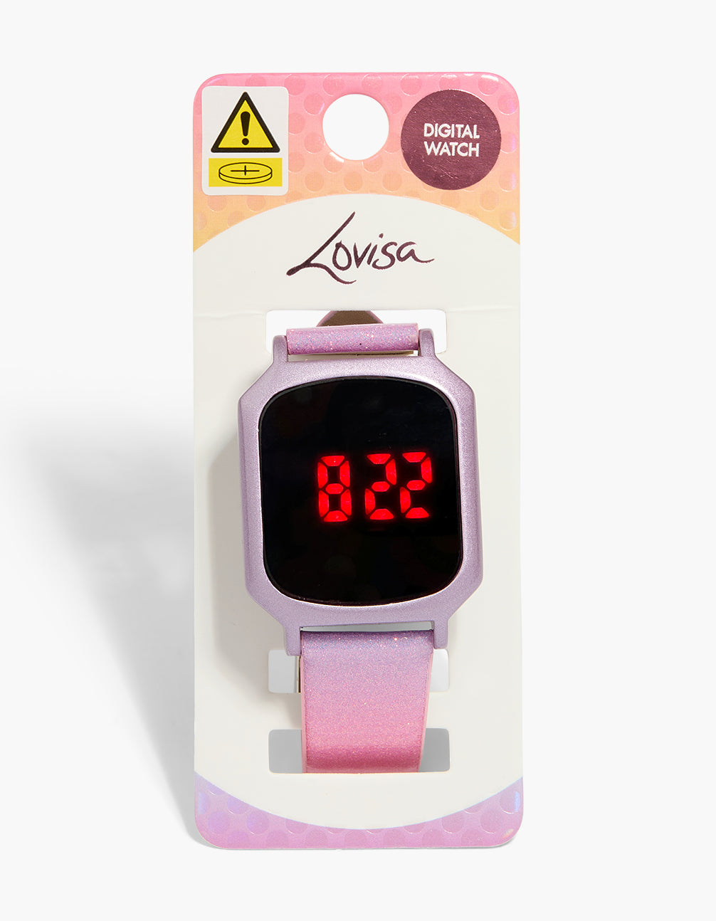 Shop this kids pink and purple ombre glitter digital watch on a black dial with a square shape, designed with a silicone multi-color strap for kids, in a casual style case detail view