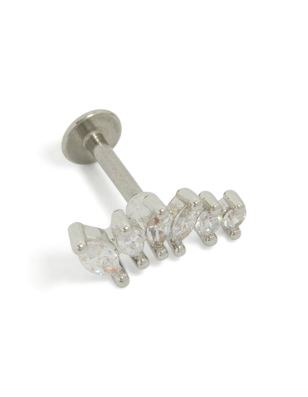 Showcasing a crawler style single flat back stud earring crafted from surgical steel with cubic zirconia front view