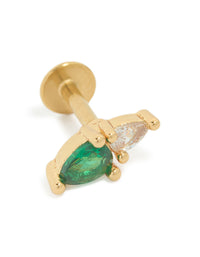 Showcasing a dainty stud earring crafted from surgical steel with cubic zirconia crystals in green and clear, set in a gold plated finish and flat back closure front view - link has visual effect only