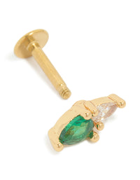 Crafted from gold plated surgical steel, this dainty stud earring with green and clear cubic zirconia crystals showcases the flat back closure post detail view - link has visual effect only