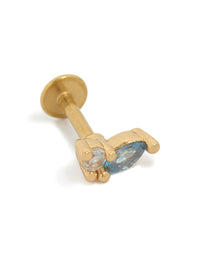 Showcasing gold plated surgical steel cubic zirconia blue marquise and circle single flat back stud with crystal featuring stud closure front view - link has visual effect only
