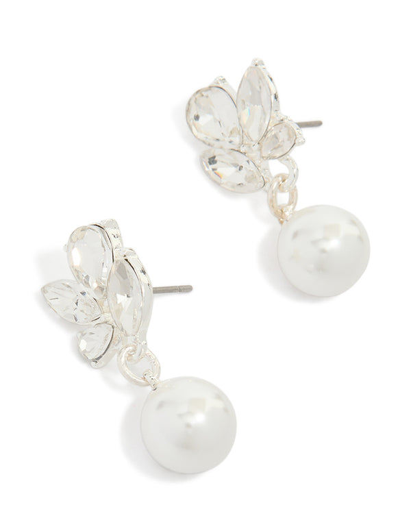 Showcasing crystal marquise pearl stud drop earrings with white and silver tones in a front view