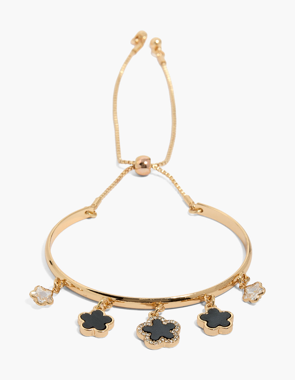 Gold Black Flower Charms Toggle Cuff Bracelet