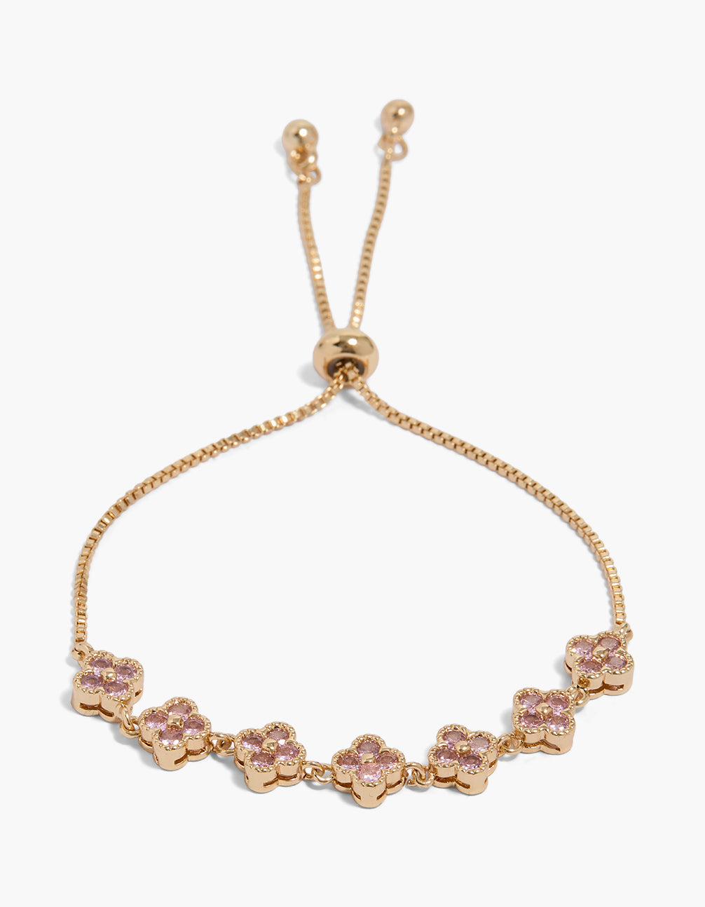 Showcasing a gold pink cubic zirconia flower toggle bracelet front view