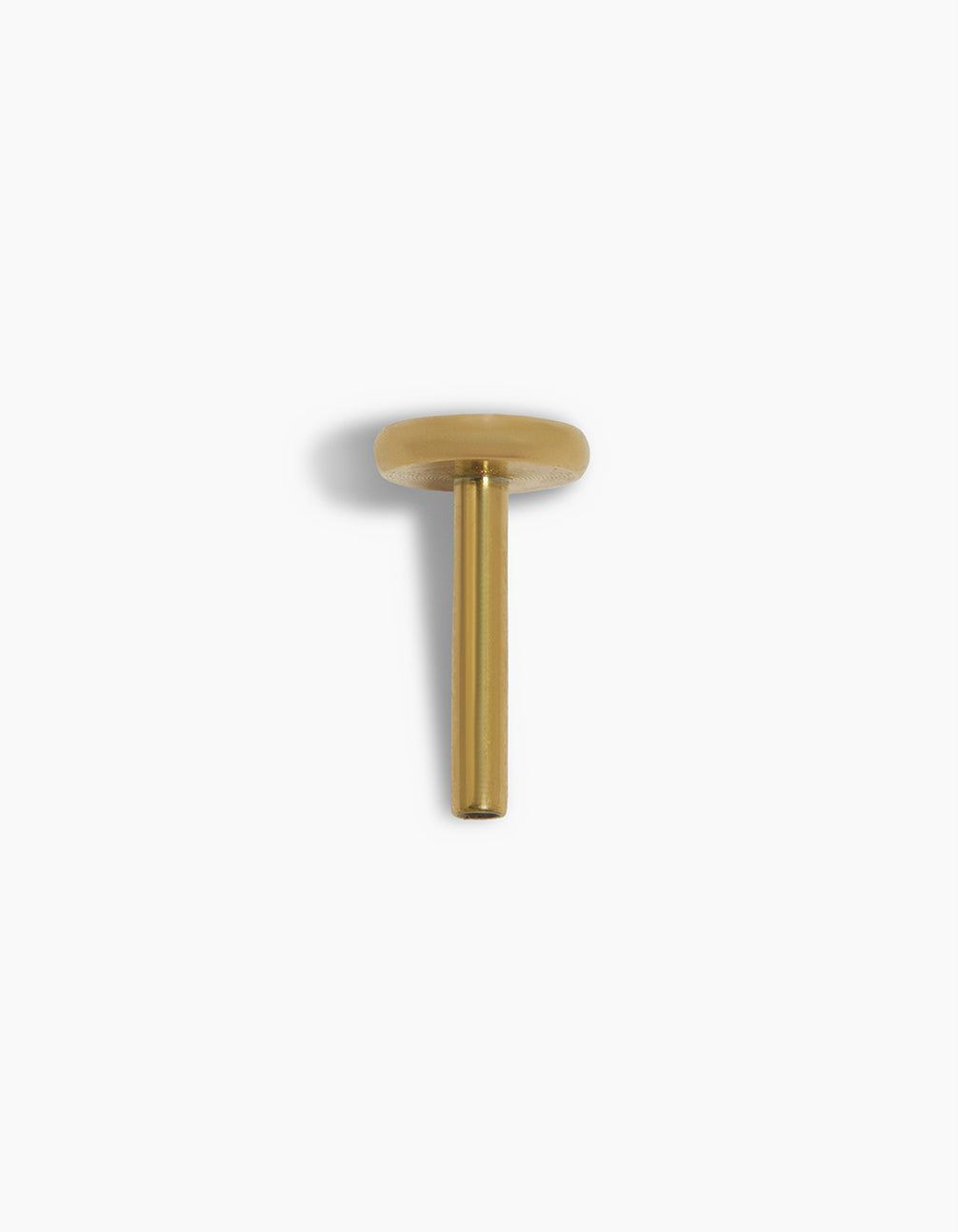 Showcasing gold plated titanium letter S single threadless flat back stud with initial design post detail view