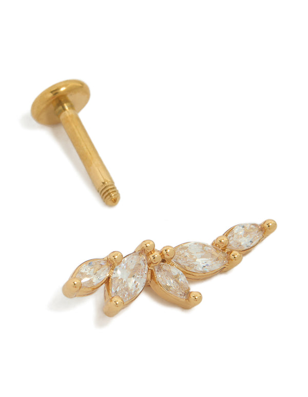Showcasing gold plated titanium cubic zirconia fan crawler stud with flat back closure post detail view