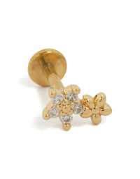 Crafted from gold plated titanium featuring cubic zirconia, this dainty single double flower stud with flat back closure in gold and clear tones front view - link has visual effect only
