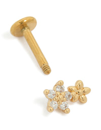 Crafted from gold plated titanium featuring cubic zirconia, this dainty single double flower stud with flat back closure in gold and clear tones front view - link has visual effect only