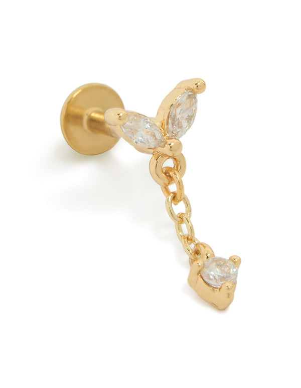 Showcasing a gold plated titanium cubic zirconia fan chain single flat back stud featuring crystal and clear accents front view