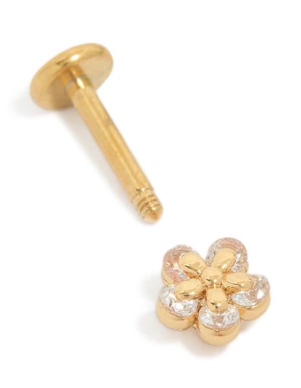 Featuring dainty cubic zirconia layered flower single flat back stud with titanium construction in gold plated finish and clear gemstones front view