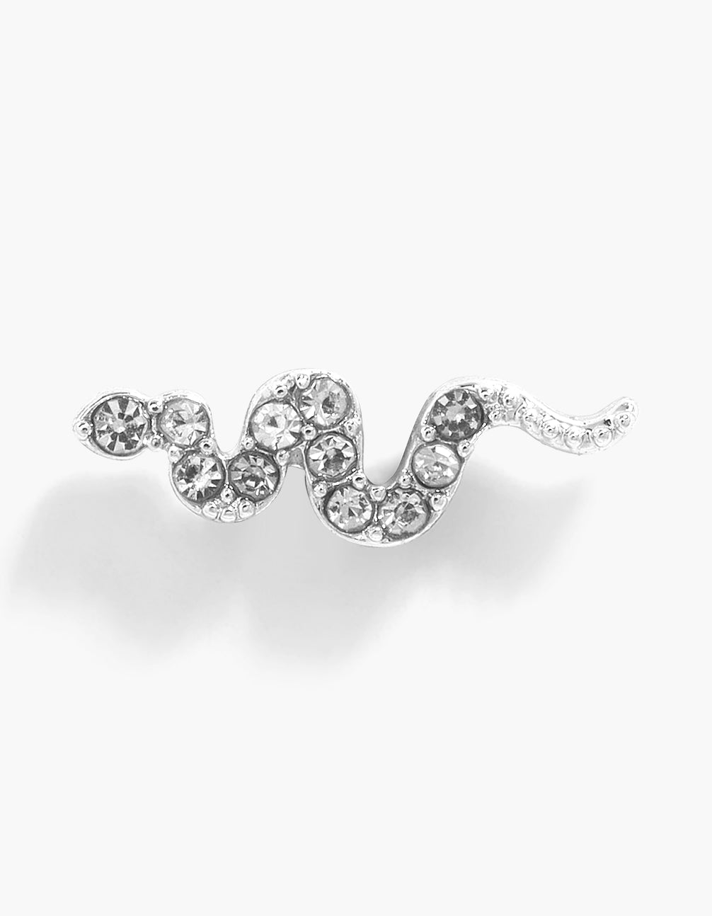 Beautifully crafted titanium snake single flat back stud in silver and clear front view