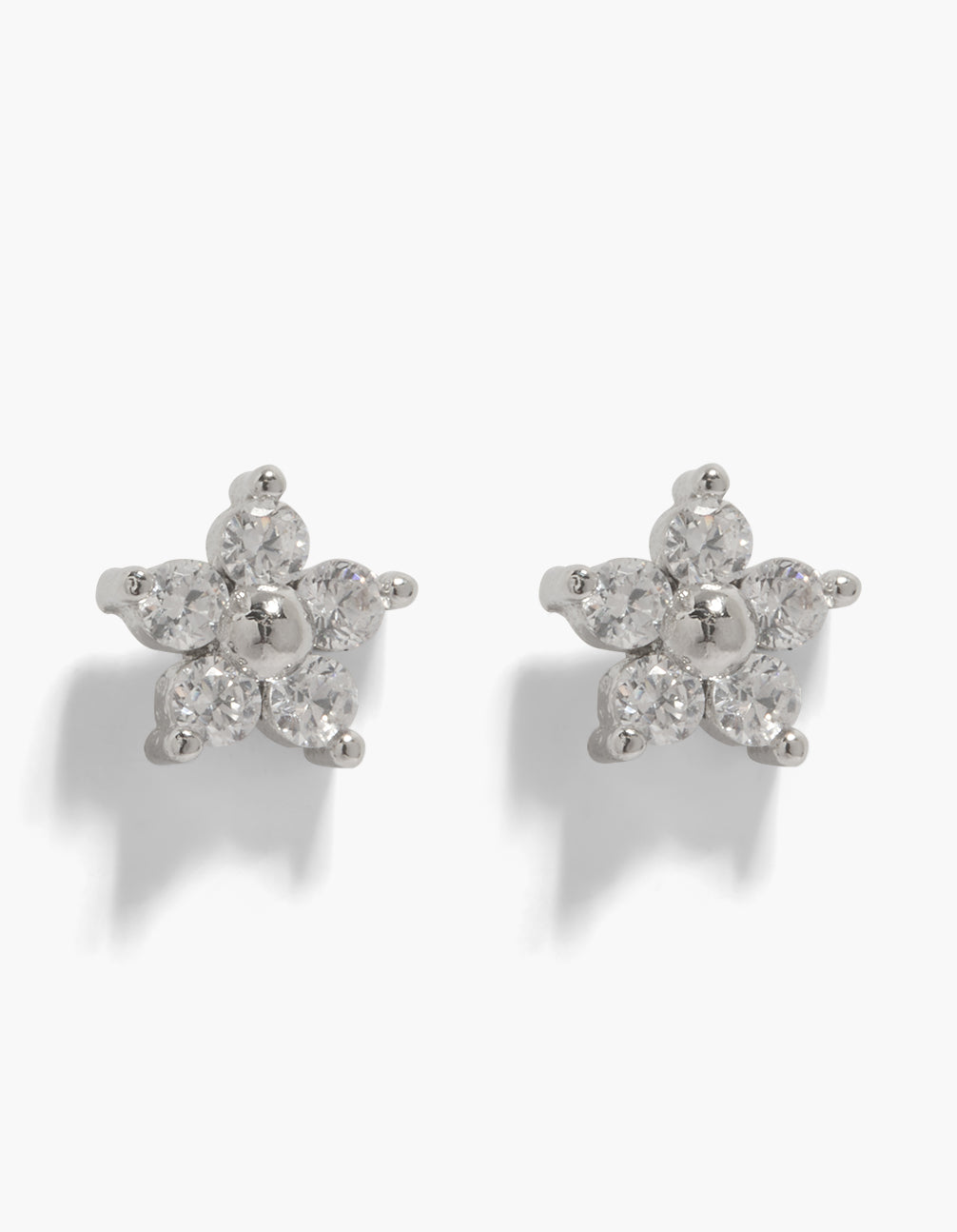 Elegant kids surgical steel cubic zirconia flower flat back studs featuring in silver and clear stone front view