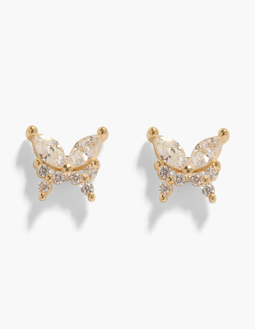 Introducing kids butterfly stud earrings featuring cubic zirconia in gold plated surgical steel with flat back closure front view