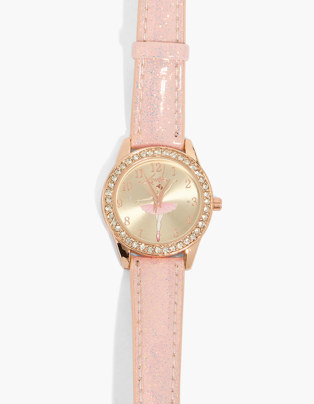 Discover a kids rose gold PU leather diamante ballerina watch with glitter accents, numbers on the dial, casual analog timepiece front view