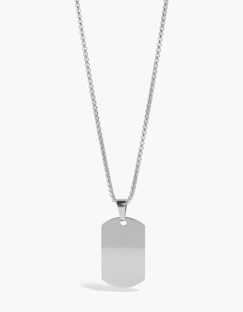 Showcase your style with a waterproof stainless steel classic dog tag necklace in silver front view