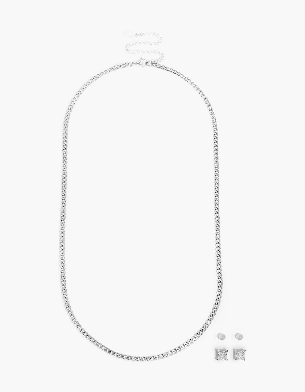 Mens Waterproof Stainless Steel Cubic Zirconia Mixed Earrings & Necklace Set