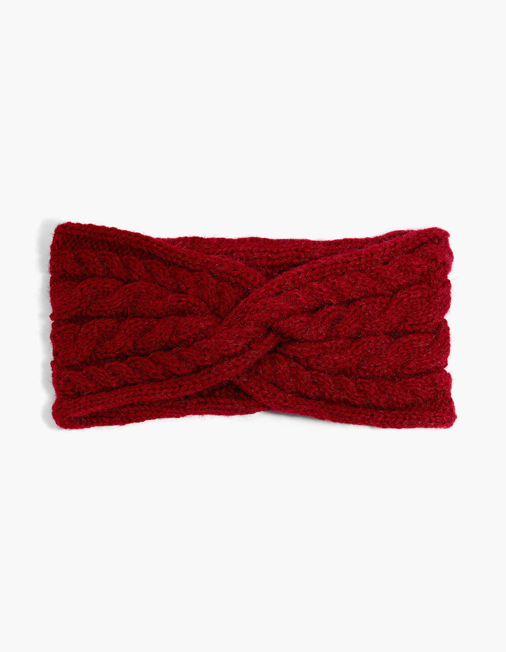 Showcasing a solid dark red ribbed cable stretch headband front view