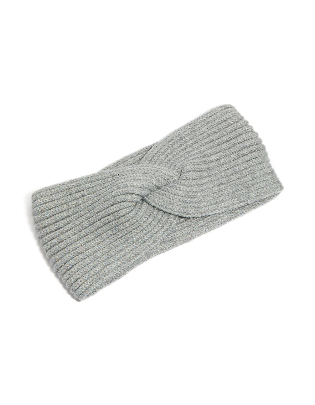 Showcasing a grey ribbed fabric twist stretch headband in solid silver front view