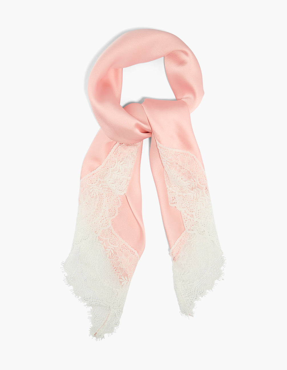 Crafted from light pink satin with lace trim, this statement long scarf delivers elegance side view