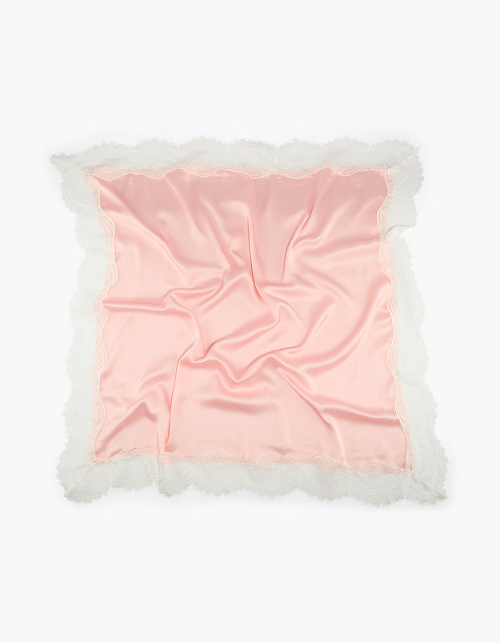 Showcasing light pink satin with lace trim, this statement long scarf offers timeless style front view