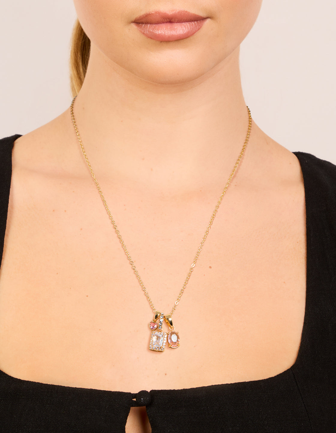 Gold Plated Multicoloured  Baguette & Heart Cubic Zirconia Multi Charm Necklace