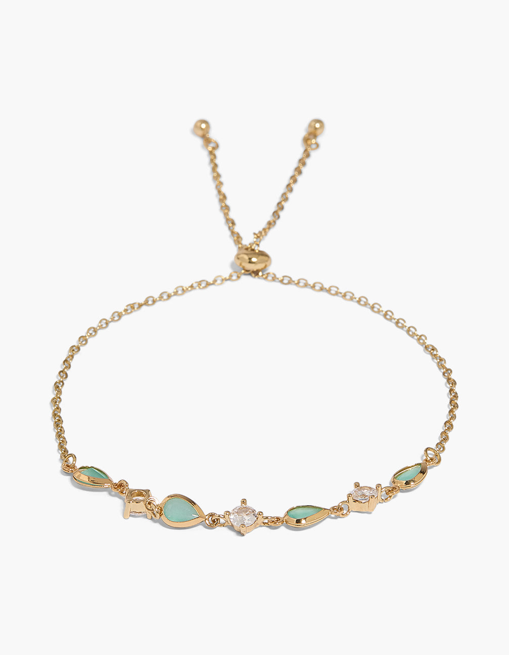Showcasing a gold plated aqua blue cubic zirconia round and oval toggle bracelet with pale turquoise and clear accents front view