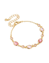 Elegant gold plated bracelet with mixed pink cubic zirconia in oval stone cut front view - link has visual effect only