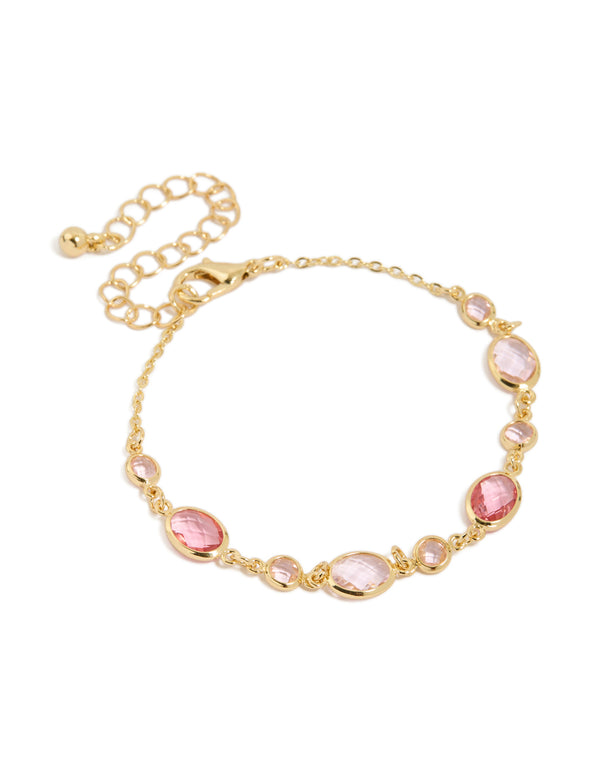 Elegant gold plated bracelet with mixed pink cubic zirconia in oval stone cut front view