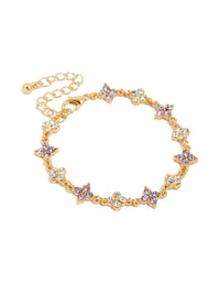 Showcasing a floral bracelet crafted from gold plated materials with cubic zirconia in purple front view - link has visual effect only