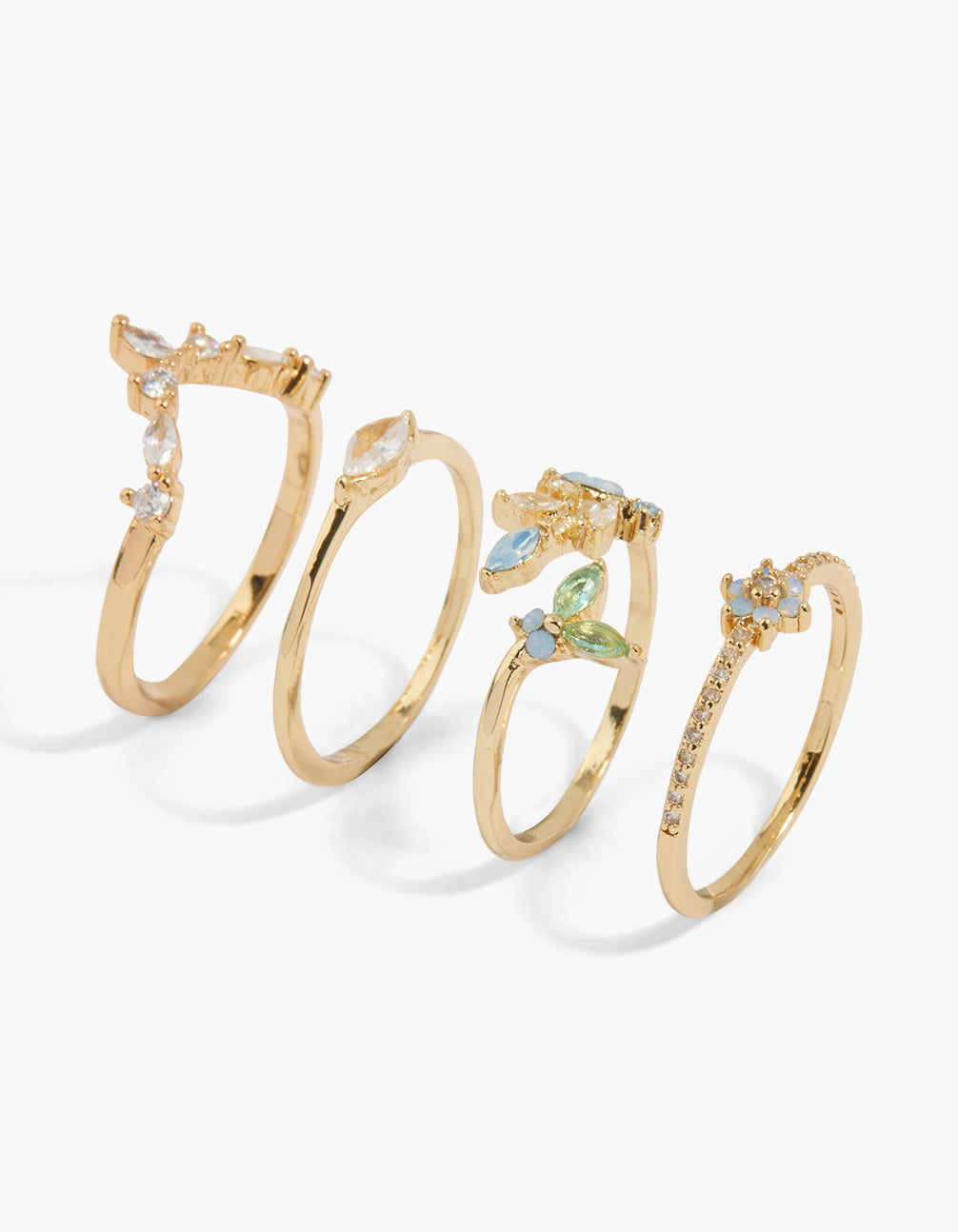 Showcasing a 4-pack of gold plated butterfly and flower rings with cubic zirconia in oval and solitaire cuts featuring crystal, light blue, pale green, and clear stones front view