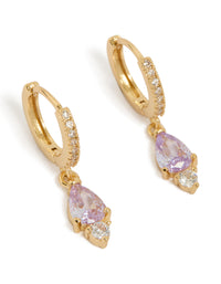 Showcasing gold plated purple cubic zirconia teardrop earrings front view - link has visual effect only